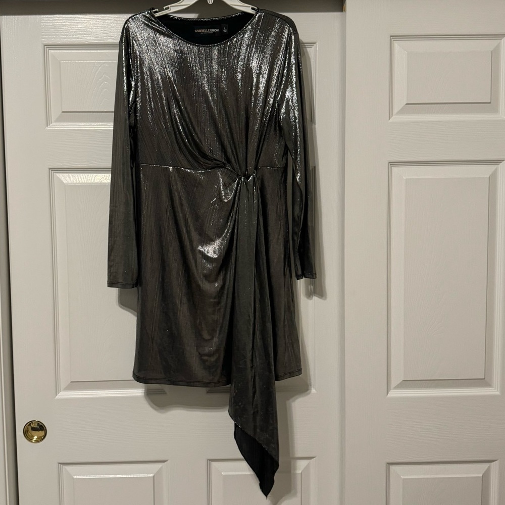New York & Company Gabrielle Union Silver Shimmery Draped Dress Size L